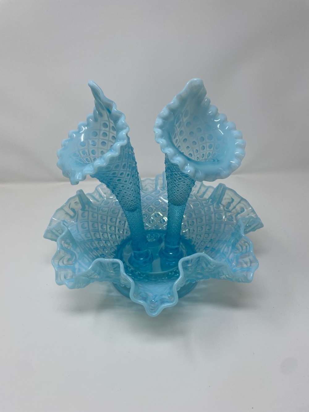 Fenton Blue Opalescent Glass Epergne Centerpiece